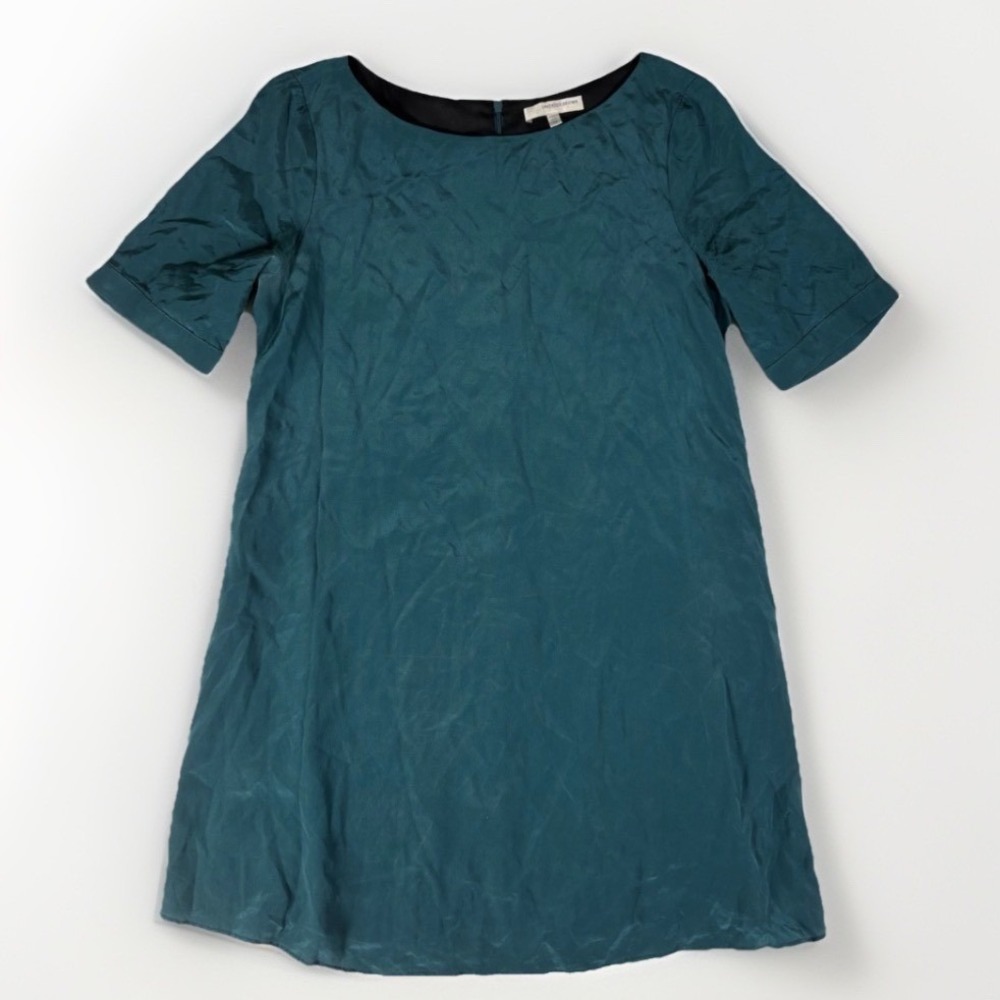 Lavender Brown Shift Dress Womens Medium Teal 100% Silk Short‎ Sleeve Jewel Neck